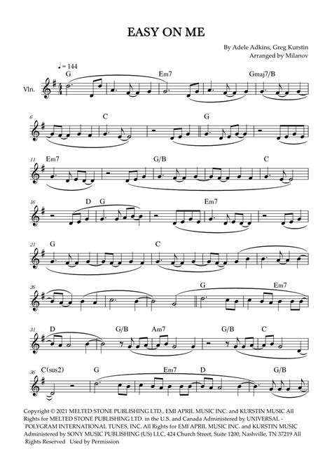 Easy On Me (arr. Milanov) by Adele Sheet Music for Violin Solo at Sheet Music Direct