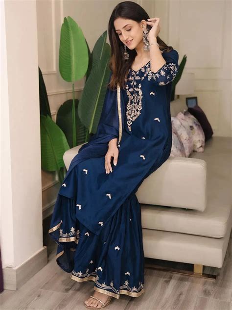 Buy Blue Embroidered Chanderi Silk Straight Kurta With Sharara ...