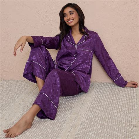 Satin Pajama Set of 2 with Stylish Button Down Sleep Shirt-NYS922-Purp ...
