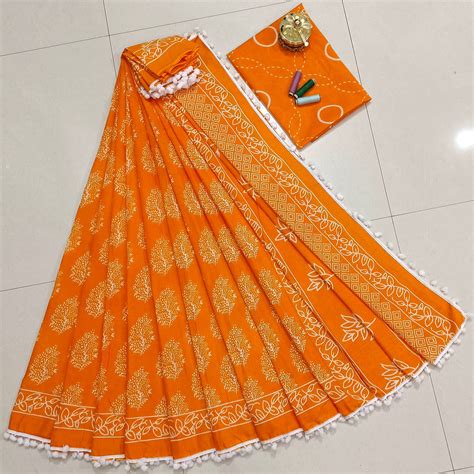 Pure Mulmul Cotton hand block Print Saree with Blouse – thecotlin