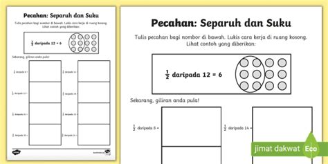 Lembaran Kerja Pecahan | Separuh dan Suku