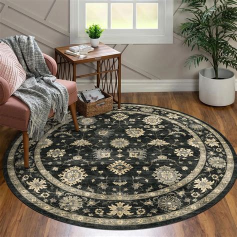 Amazon.com: LUXRUG Washable Round Area Rug 4ft - Charcoal Black Traditional Floral Living Room ...