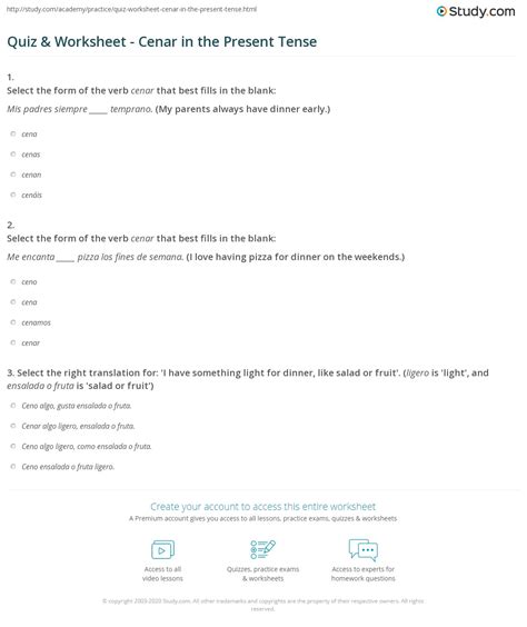 Quiz & Worksheet - Cenar in the Present Tense | Study.com