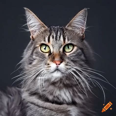 Grey maine coon-tabby mix cat with a long tail on Craiyon
