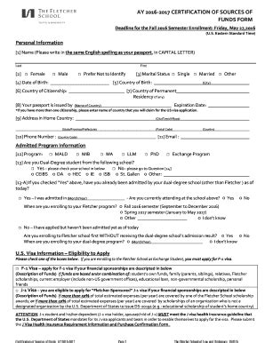 Fillable Online fletcher tufts AY 2016-2017 CERTIFICATION OF SOURCES OF ...