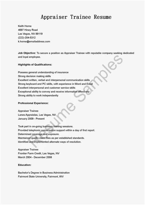 Resume Samples: Appraiser Trainee Resume Sample