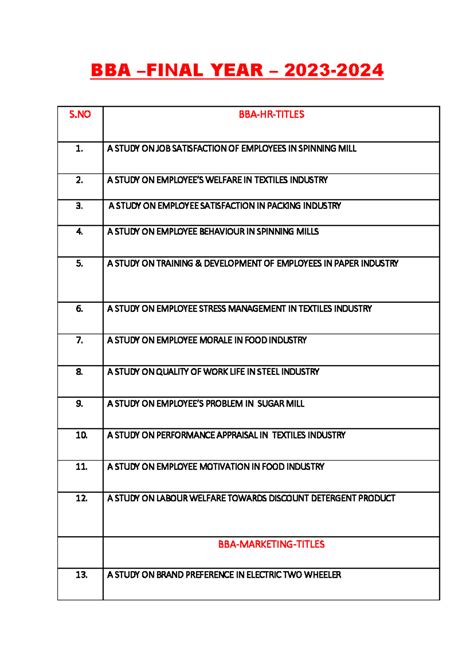 BBA Project Topics - Final Year Studies (2023-2024) - Studocu