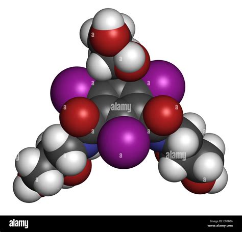 Iohexol contrast agent molecule. Used in coronary angiography procedures. Atoms are represented ...