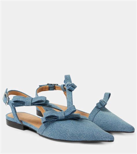 Ganni Bow-detail denim ballet flats GANNI