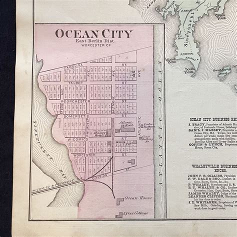 Original 1877 Hand-Colored Street Map of Ocean City, Maryland & Worcester County | 1st Edition