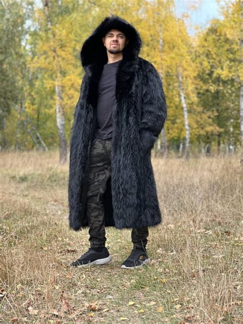 Hooded Long Mens Fur Coat Black Real Fur Coats Men Oversized Fur Coats ...