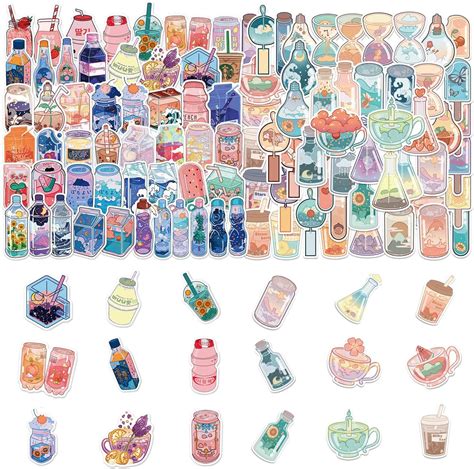 100 Sheets Cartoon Drink Bottle Stickers - Waterproof PVC, Cute Sets ...
