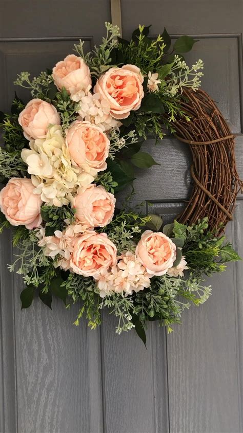 Peach peony spring wreaths for front door summer wreath country ...