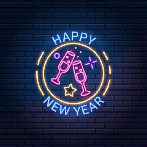 Happy new year neon sign against dark brick wall background - Neon Mantra