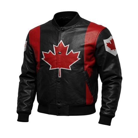 Canada Flag Black Red Bomber Leather Jacket - Maker of Jacket