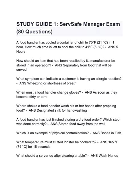 STUDY GUIDE 1: ServSafe Manager Exam (80 Questions) Questions with ...