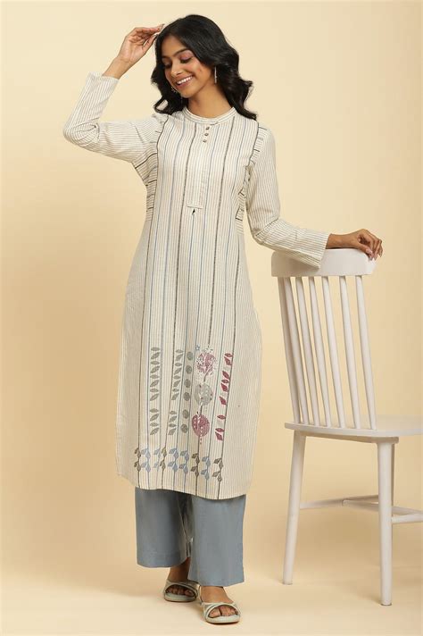 Buy Ecru Printed Kurta With Blue Denim Parallel Pants @ 3599 | W for ...