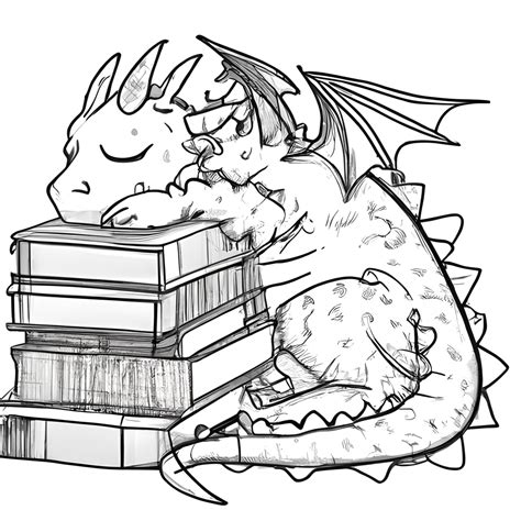 Beautiful Cute Dragon Sleeping on a Stack of Books Coloring · Creative ...