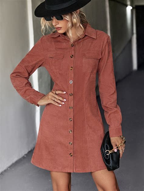 Pocket Patched Corduroy Shirt Dress | SHEIN UK