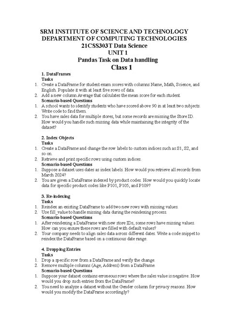 21CSS303T Data Science Unit 1: Pandas Data Handling Tasks and Questions ...