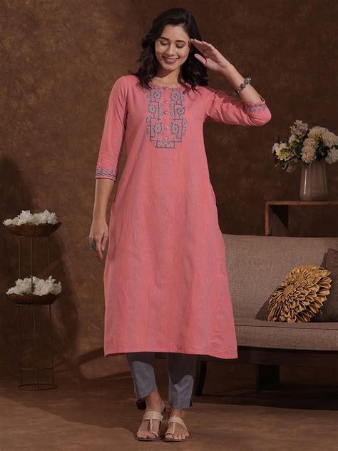 A-line kurta in woven cotton fabric with thread embroidery and in seam