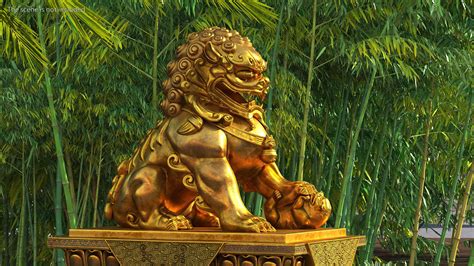 Chinese Guardian Lion Golden Sculpture 3D Model $69 - .3ds .blend .c4d ...