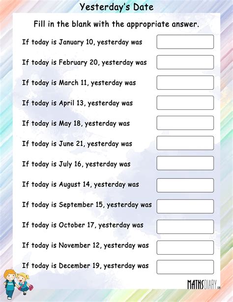 What was Yesterday’s Date - Math Worksheets - MathsDiary.com