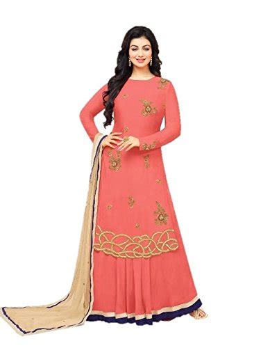 Buy Amakshi Peach Glace Cotton Embroidered Dress Material With Net ...