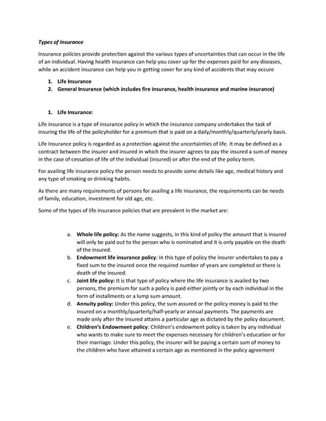 Document - Bussiness studies - Types of Insurance Insurance policies ...