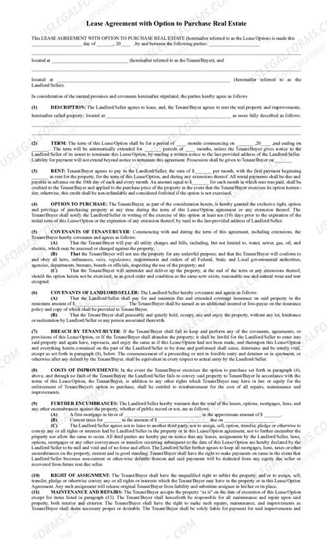 Lease Agreement with Option to Purchase Real Estate | US Legal Forms