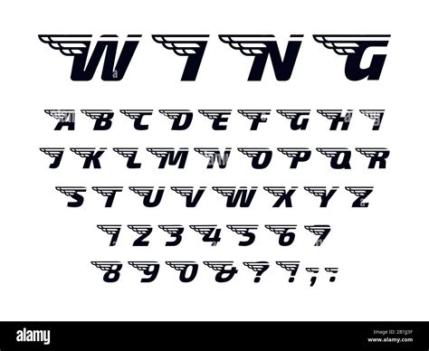 Winged font. Letters with wings, flying alphabet and powerful sport monogram. Speed wing ...
