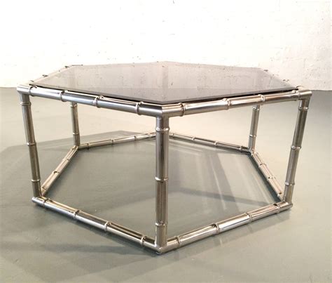 Faux Bamboo Nickel and Smoked Glass Cocktail Table by Mastercraft For ...
