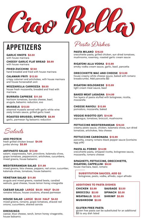 Menu at Ciao Bella Italian Restaurant, Prescott Valley