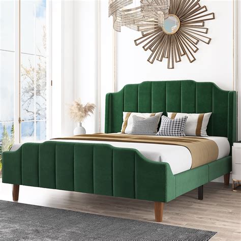 Amolife Velvet Upholstered Queen Size Heavy Duty Wood Platform Bed ...
