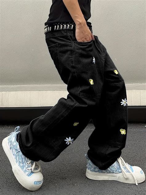 DFGIGT Mens Baggy Jeans Patchwork Flower Daisy Embroidery India | Ubuy