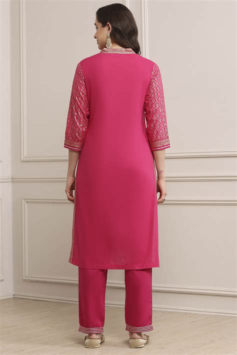 Fuschia Cotton Straight Kurta Pant Suit Set; Combines Kurta, Slim Pant ...