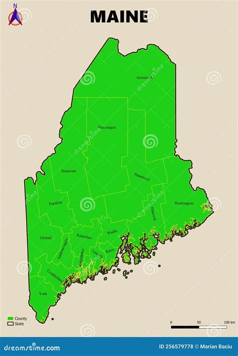 Illustration a Large Detailed Administrative Map of the US American State Maine Stock ...