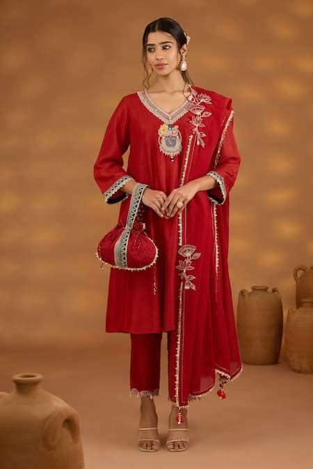 Buy Red Silk, Organza, Cotton Embroidery, Zari, Lord Srinathji ...
