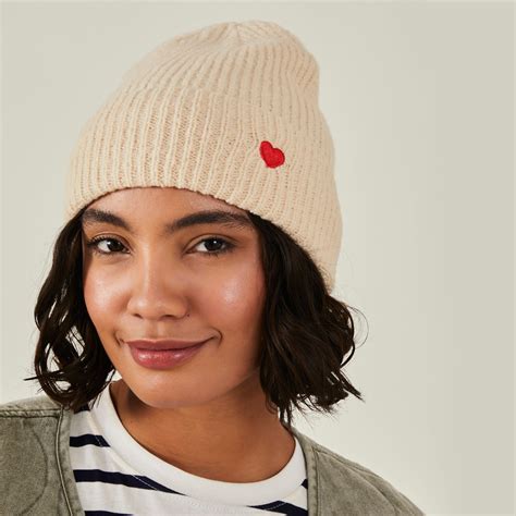 Embroidered Heart Beanie Hat Natural - Accessorize India