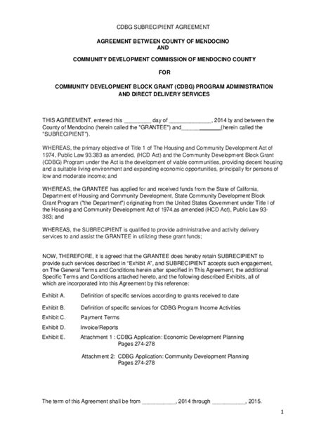Fillable Online co mendocino ca CDBG SUBRECIPIENT AGREEMENT - Mendocino ...