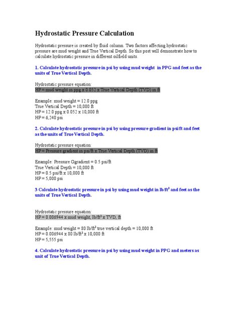 Image result for Hydrostatic Pressure Calculation Example