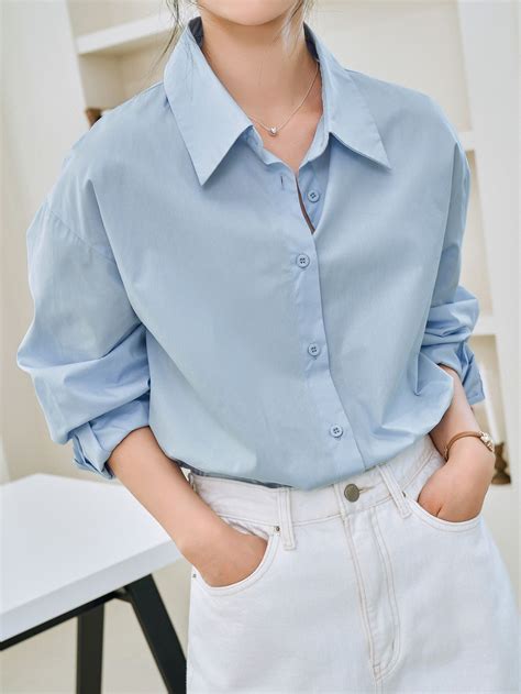 Button Through Drop Shoulder Blouse | Blue shirt women, Light blue ...