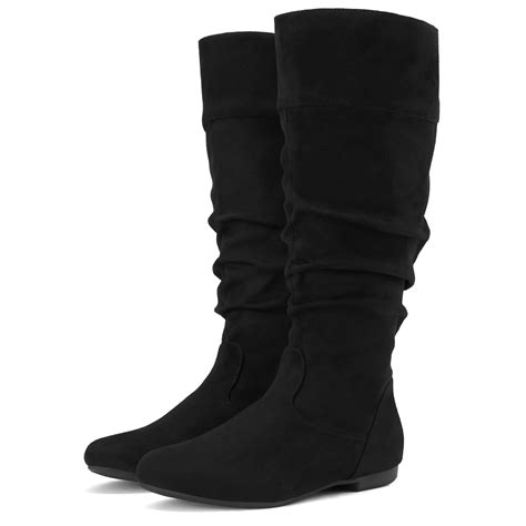 Rollda Women's Slouchy Knee High Boots Pull On Flat Boots Side Zipper ...