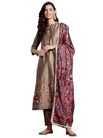Buy INDO ERA Women's Beige Silk Blend Embroidered Regular Fit Straight ...