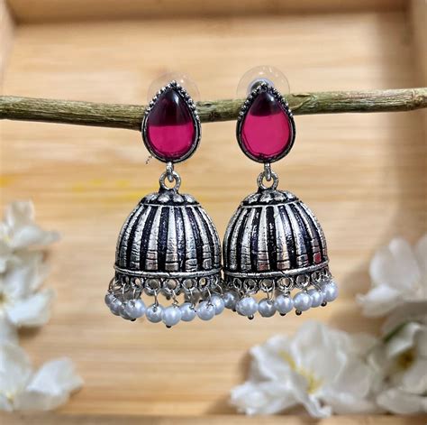 Raas Silver Jhumka - Rani Pink – SubhagAlankar