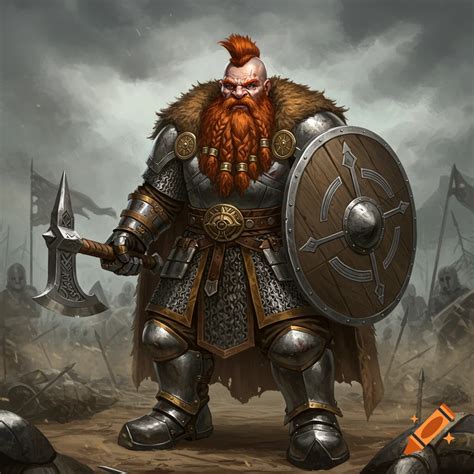 A heavily armored dwarf warrior with a braided red beard holds an axe ...