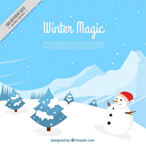 Great winter background with trees and snowman in flat design | Free Vector