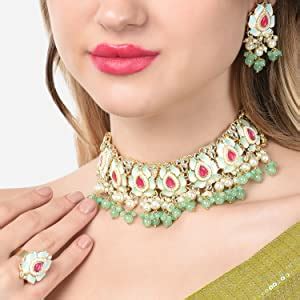 ZAVERI PEARLS Peach & Turquoise Meenakari Ethnic Choker Necklace ...
