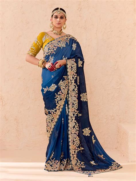 Navy Blue Fancy Weaving Saree with Heavy Work - VJV Now - India
