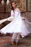 Buy White Cotton, Net Embroidery V-neck Anarkali Kurta Set For Women by ...
